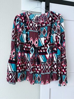 Cato Geometric Peasant Top in Teal, Burgundy & White